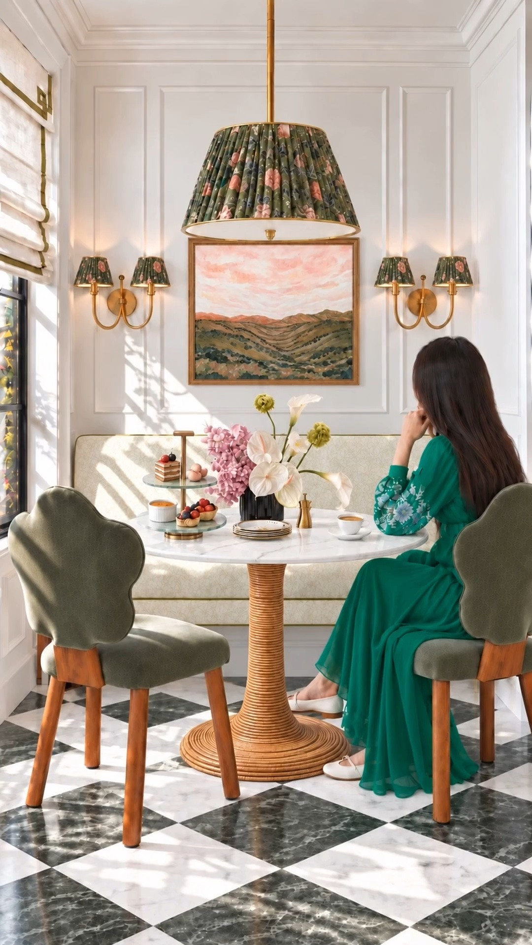 Happy Friday! A chic, Parisian-inspired breakfast nook for slow coffee mornings. ☕️🌿

I love the coiled rattan base paired with a marble top—classic elegance with clean lines, yet warm, relaxed, and inviting. Floral pendant and wall sconces add romance, while cloud-shaped velvet dining chairs bring personality and a cheerful touch. An upholstered dining bench with olive piping makes the nook feel cozy, welcoming everyone to settle in and linger.

#BreakfastNook #KitchenNook #HappyFriday #ParisianInspired #DiningTable #MarbleTable #RattanFurniture #DiningChair #DiningBench #PendantLighting #WallSconce #FloralDecor #RomanShade #WallArt #FlowerArrangement #CakeStand #EspressoCups #MorningCoffee #tablescape #tabletalk #entertaining #MidiDress #InteriorDesign

#LTKHome #LTKdayinmylife #LTKSaleAlert #LTKHome