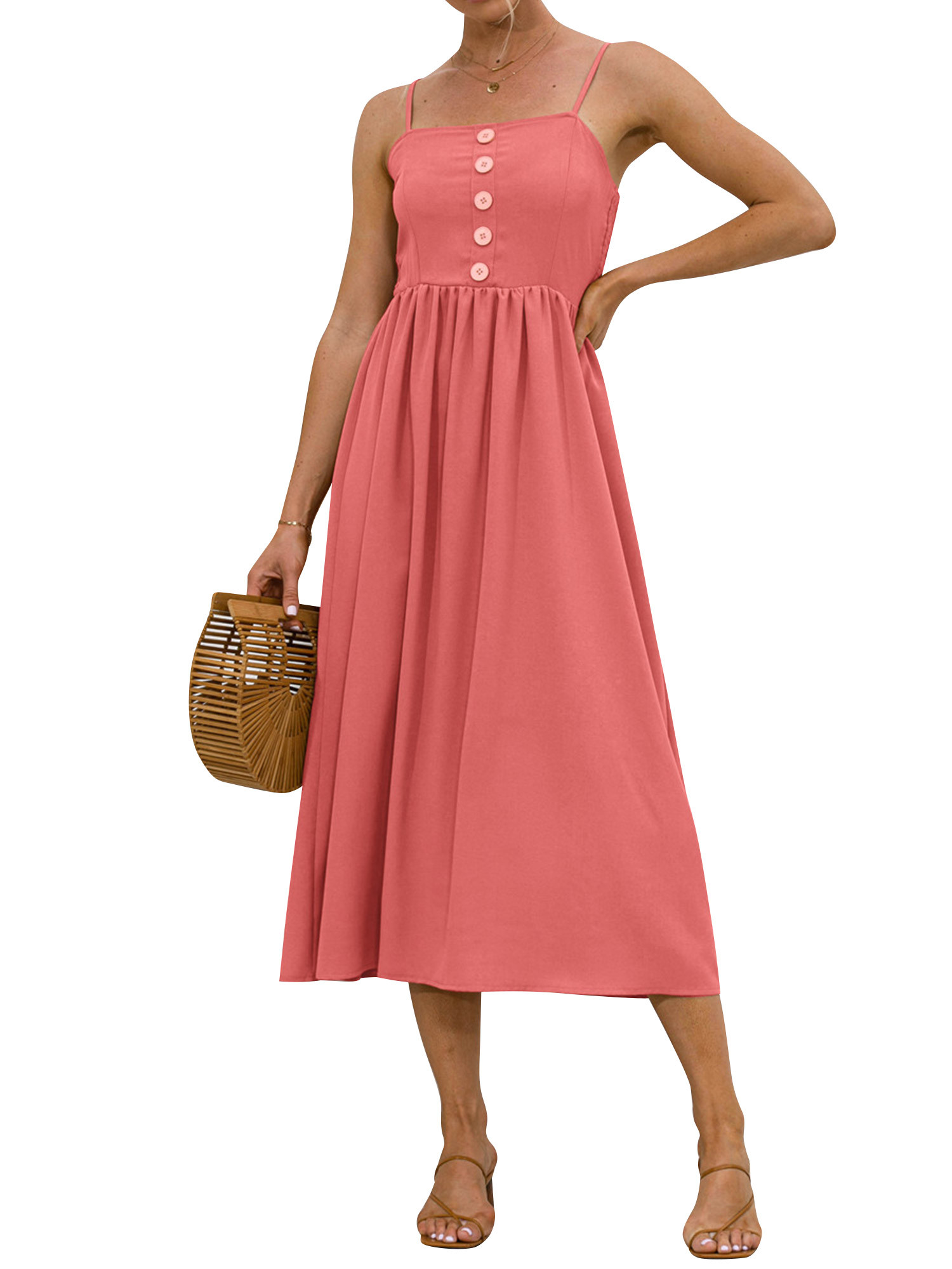 STARVNC Women Square Neck Back Smocked Button Pleated Sleeveless Maxi Dress | Walmart (US)