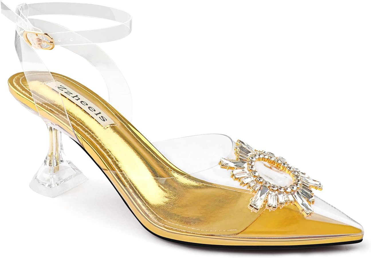 Zzheels Women's High Heel Crystal Slingback Pumps Pointed Toe Strappy Sandals for Party Dating | Amazon (US)