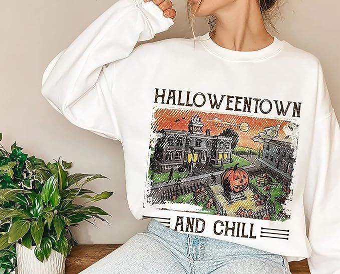 Vintage Town Of Halloween And Chill Pumpkin Halloween School Crewneck Sweatshirt,Drinking Skull S... | Amazon (US)