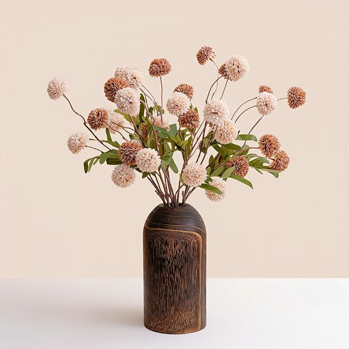 Artificial Fall Flowers with Wooden Vase – Long Stem Mums Beige & Brown Chrysanthemum Pom Pom F... | Amazon (US)