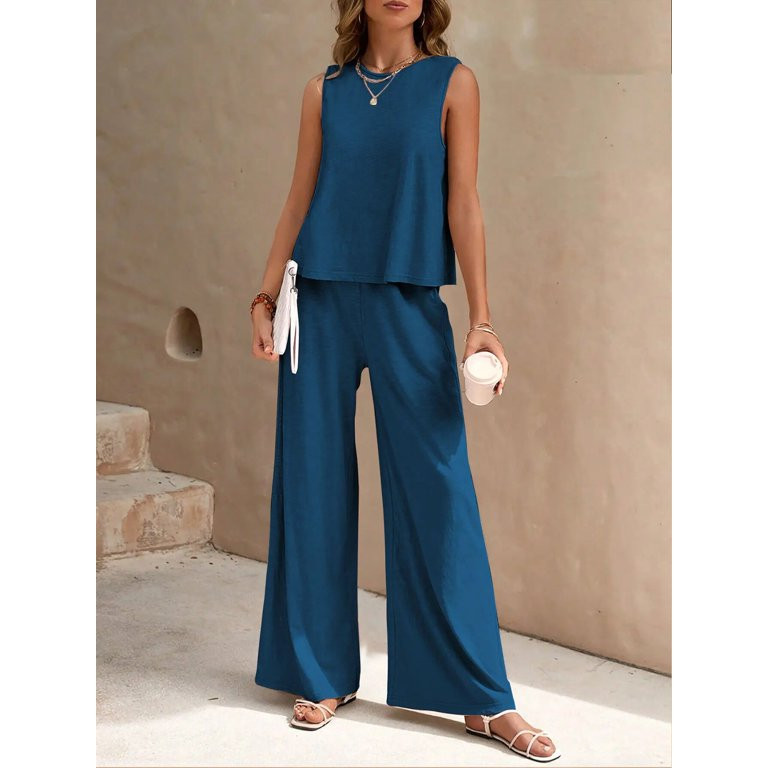 MOSHU Two Piece Lounge Sets for Women Loose Fit Tank Tops and Wide Leg Pants with Pockets Solid S... | Walmart (US)
