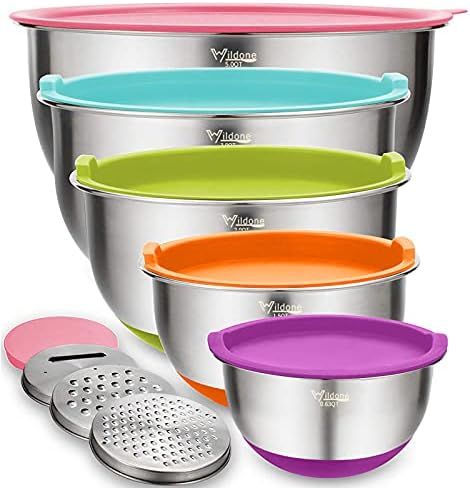Mixing Bowls Set of 5, Wildone Stainless Steel Nesting Bowls with Colorful Lids, 3 Grater Attachment | Amazon (US)