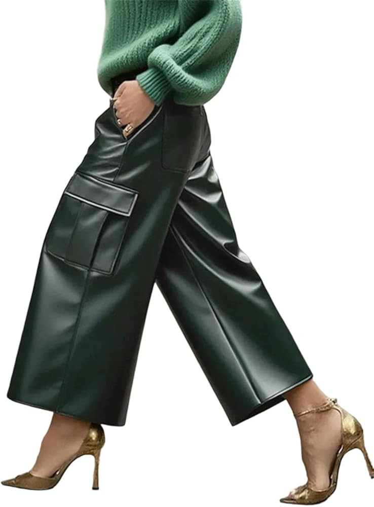 Women's Pu Leather Pockets High Straight Leg Pants Solid Color Casual Trousers | Amazon (US)