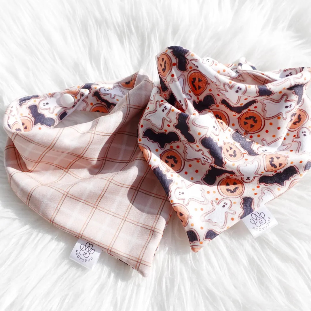 Halloween Plaid Ghost, Pumpkin and Bat Bandana, Reversible, Tie and Snap,  Cute Dog Cat Bandana |... | Etsy (US)