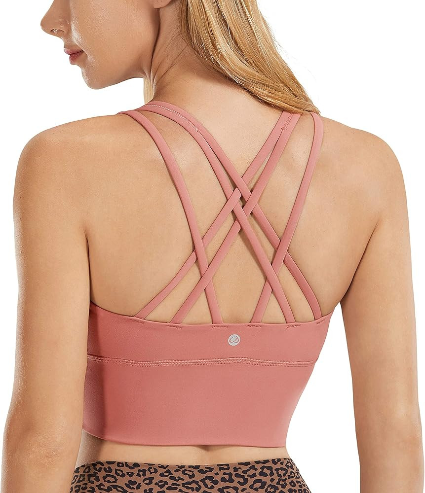 CRZ YOGA Strappy Sports Bras for Women Longline Wirefree Padded Medium Support Yoga Bra Top Grey ... | Amazon (US)