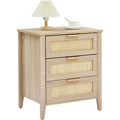 Rattan Nightstand, Boho Bedside Table with 3 Natural Rattan Drawers, Bedside End Table with Solid Wood Legs | Target