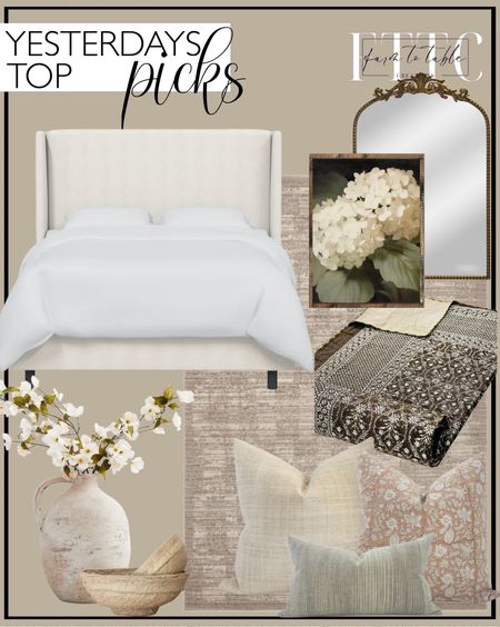 Yesterday’s Top Picks. Follow @farmtotablecreations on Instagram for more inspiration.

Tilly Upholstered Bed.  Best Selling Dark Brown Bedding Gorgeous quilt that has the perfect vintage look! With Two 18x28 inches Pillows cover Free Unique Design. Kantha Quilt. White Hydrangeas Canvas Printed Sign. Better Homes and Gardens Filigree Arched Mirror. Loloi Machine Woven Performance Sand Rug. Artisan Handcrafted Terracotta Vase. Paper Mache Bowls. LuxeBCo. Neutral Pillow Cover Combo Modern Pillow Cover Set Warm Neutral Pillow Covers Farmhouse Pillow Cover Combo Sofa Pillow Combo Floral Pillow. 


#LTKsalealert #LTKhome #LTKfindsunder50