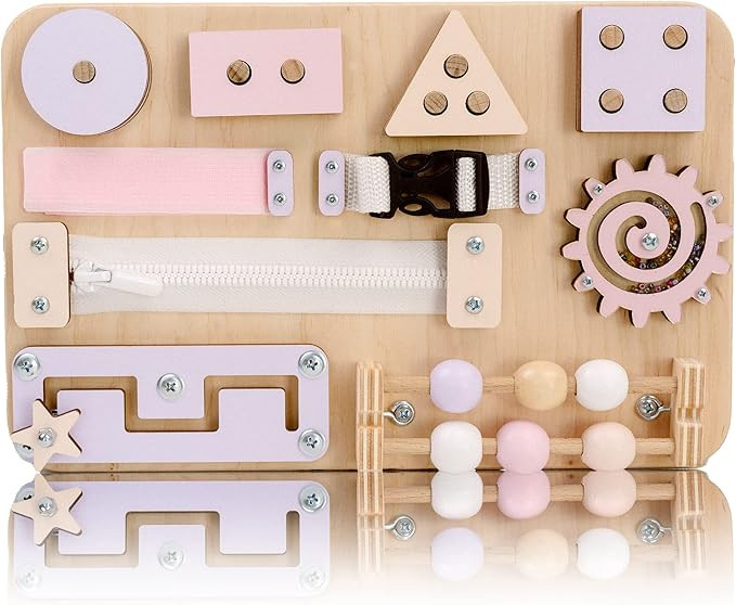 EvoKids Wooden Sorting Stacking Toy Busy Board for Toddlers 1-3 – Zipper, Buckle in Handmade Ac... | Amazon (US)