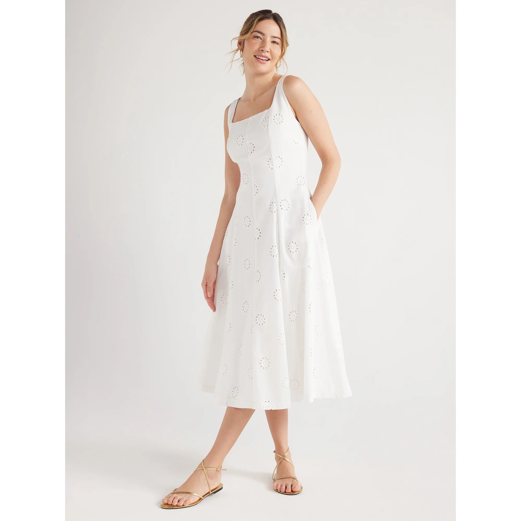Free Assembly Women's Cotton Sleeveless Square Neck Eyelet Midi Dress, Sizes XS-XXL | Walmart (US)