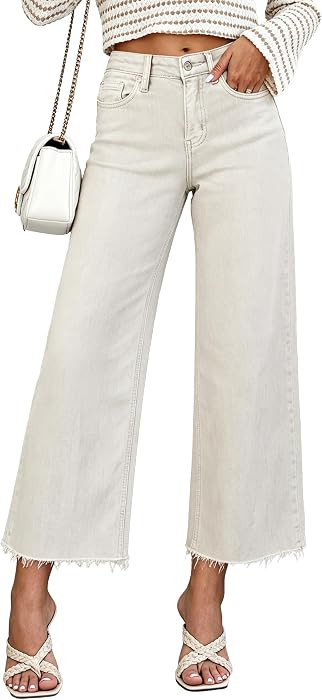 Allimy Women's High Waisted Wide Leg Ripped Capri Jeans     Allimy Women's Jeans Pants Straight W... | Amazon (US)