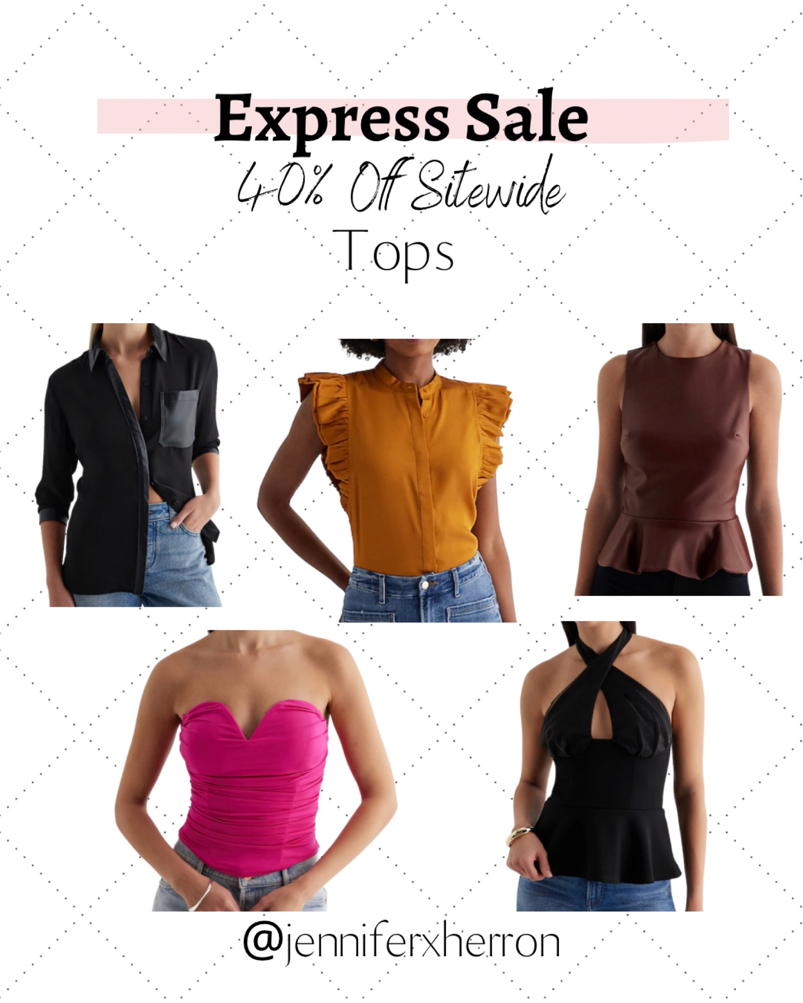 Love the faux leather pocket detail on this black button up shirt or the black halter peplum top with the cutest bow tie in the back. All of these tops are 40% off at Express. 🤍

Follow @jenniferxherron for more inspiration ✨

#LTKfindsunder50 #LTKsalealert #LTKfindsunder100