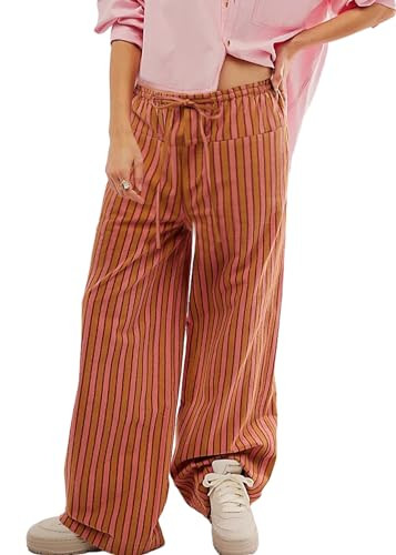 MISSACTIVER Women Drawstring Striped Pants Loose Wide Leg Trousers Casual Low Waist Pants Comfy L... | Amazon (US)