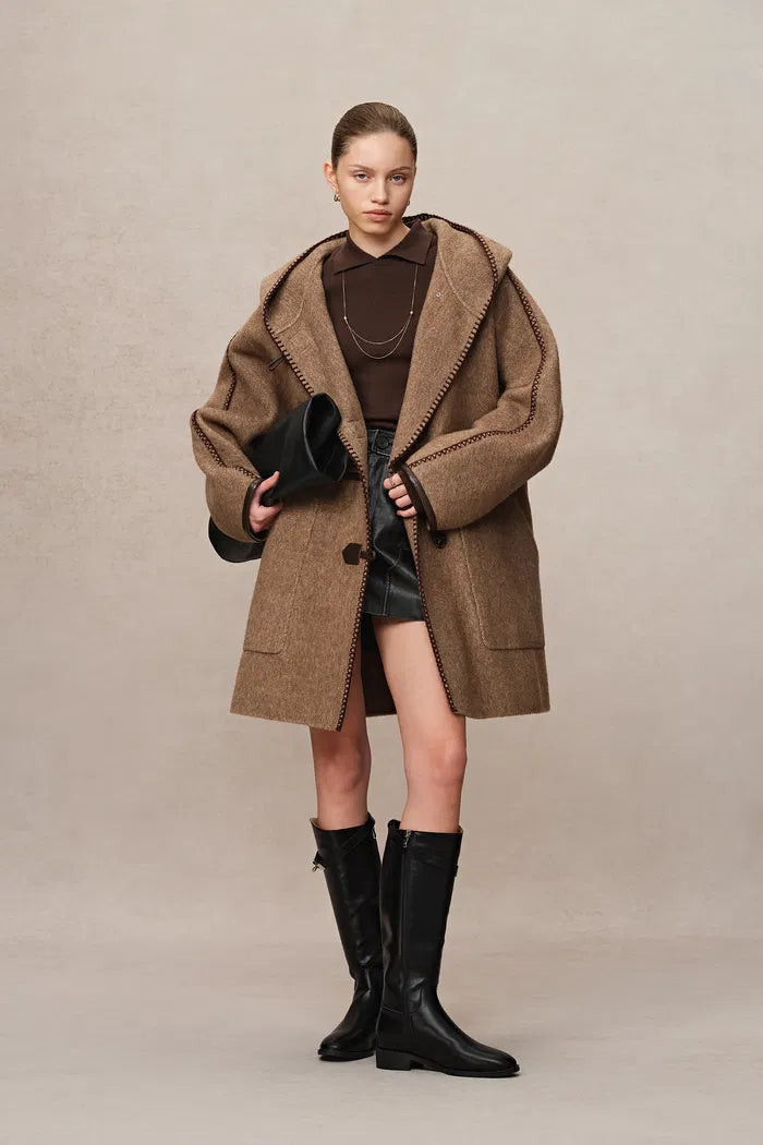 Paletot Inspired Overlock Stitch Hooded Coat in Merino Wool-Camel Hair | Fabrique