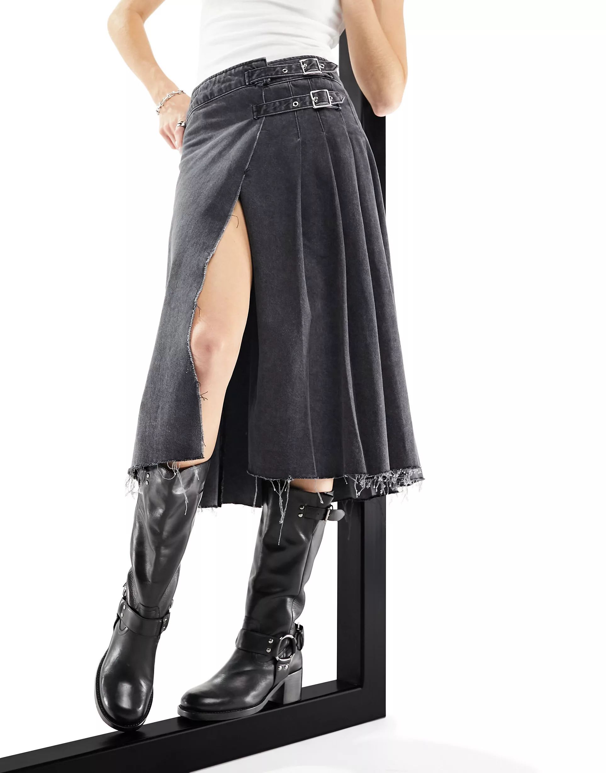 ASOS DESIGN denim pleated midi skirt in black | ASOS (Global)