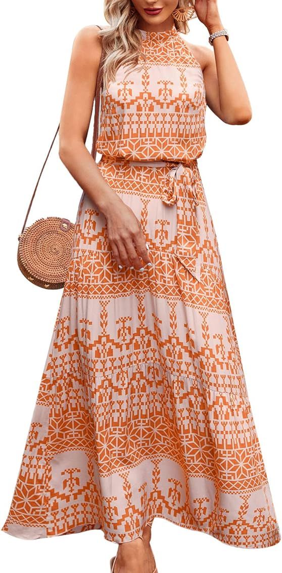 PRETTYGARDEN Women's Casual Halter Neck Sleeveless Floral Long Maxi Dress Backless Loose Ruffle Sund | Amazon (US)