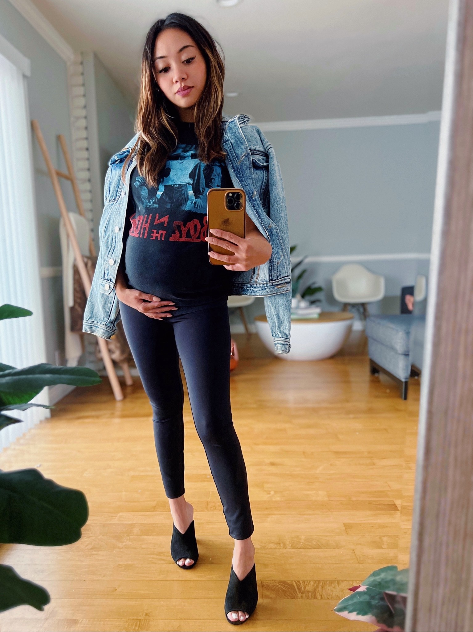 Graphic tee, maternity leggings, vintage denim jacket, fall outfit, pregnancy style, maternity fashion, cozy pregnancy outfits, Boyz n the hood, black mule heels, mule outfits 

#LTKbump #LTKshoecrush