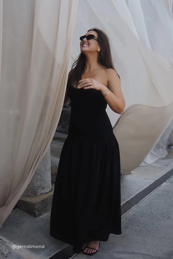 ELLISON BLACK STRAPLESS MIDI DRESS | DISSH