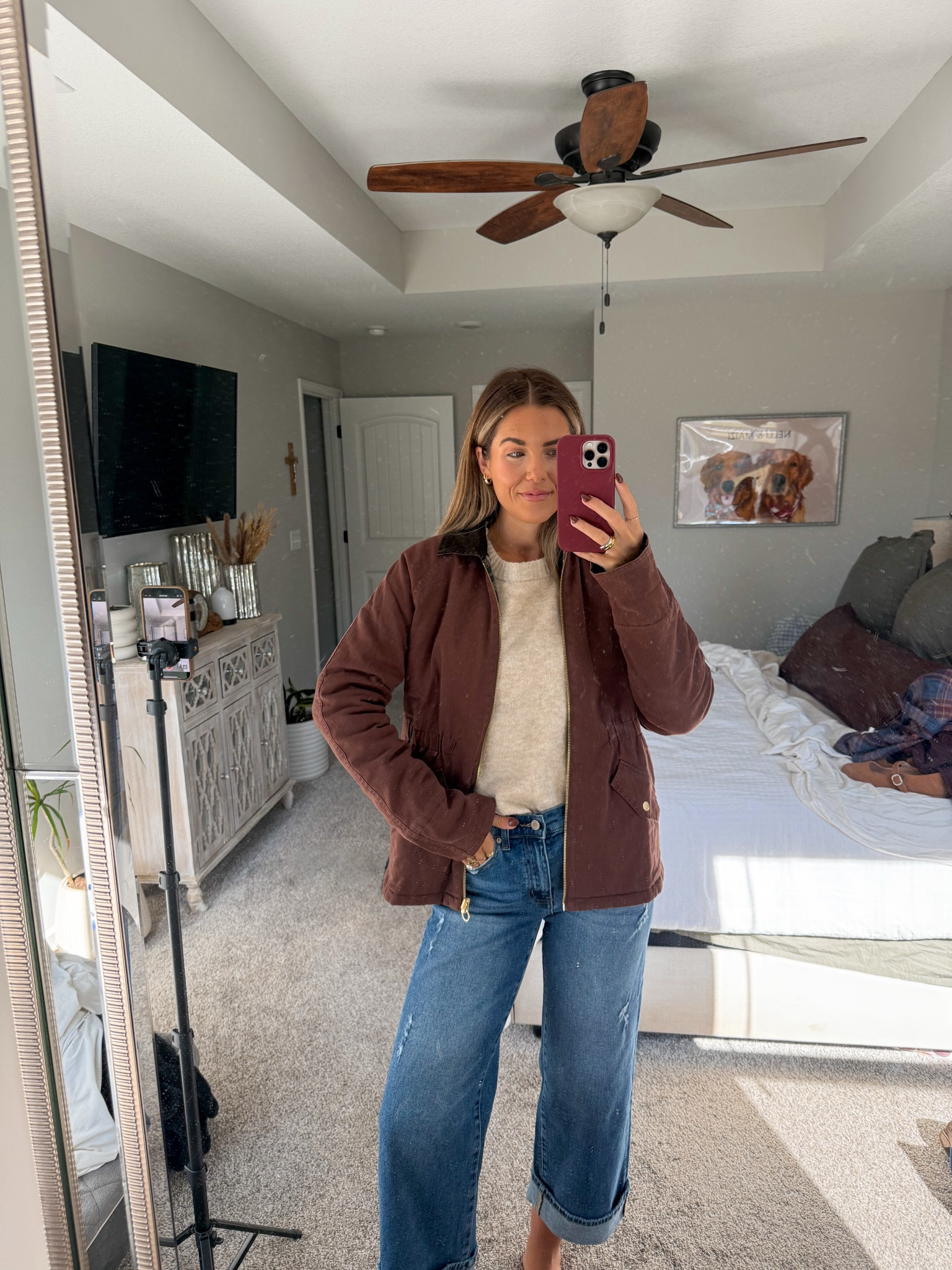 reversible barn jacket in a small - jeans in a 256 but they have a partially elastic waistband! sweater in a large (so soft)

#LTKSaleAlert #LTKStyleTip #LTKFindsUnder50