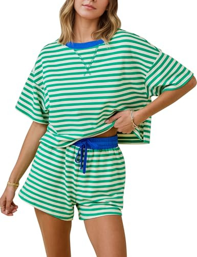MISSACTIVER Womens Lounge 2 Piece Sets Summer Striped Matching Pajamas Set Short Sleeve Oversized... | Amazon (US)