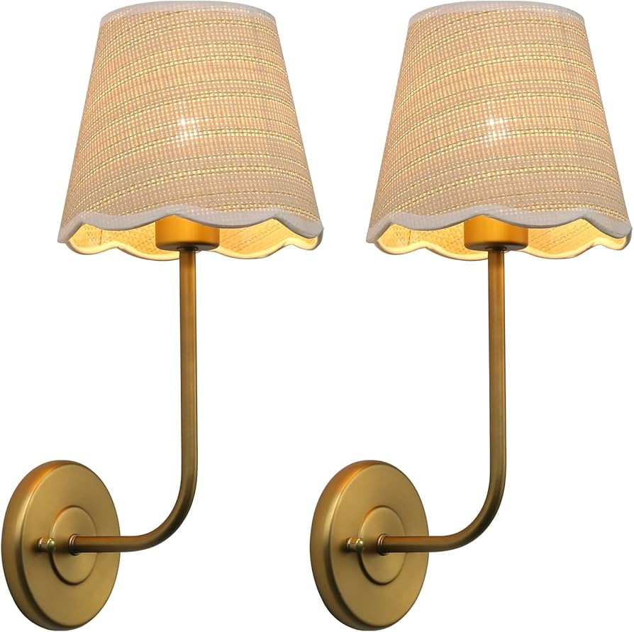Pathson Set of 2 Wall Sconces Boho Rattan Lampshade, Hardwired Bathroom Vanity Lights Curved Arm,... | Amazon (CA)