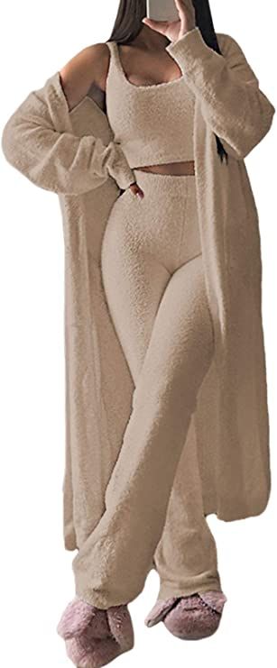 Fixmatti Women's Fuzzy 3 Piece Sweatsuit Open Front Cardigan Crop Tank Tops Wide Legs Pants Loung... | Amazon (US)