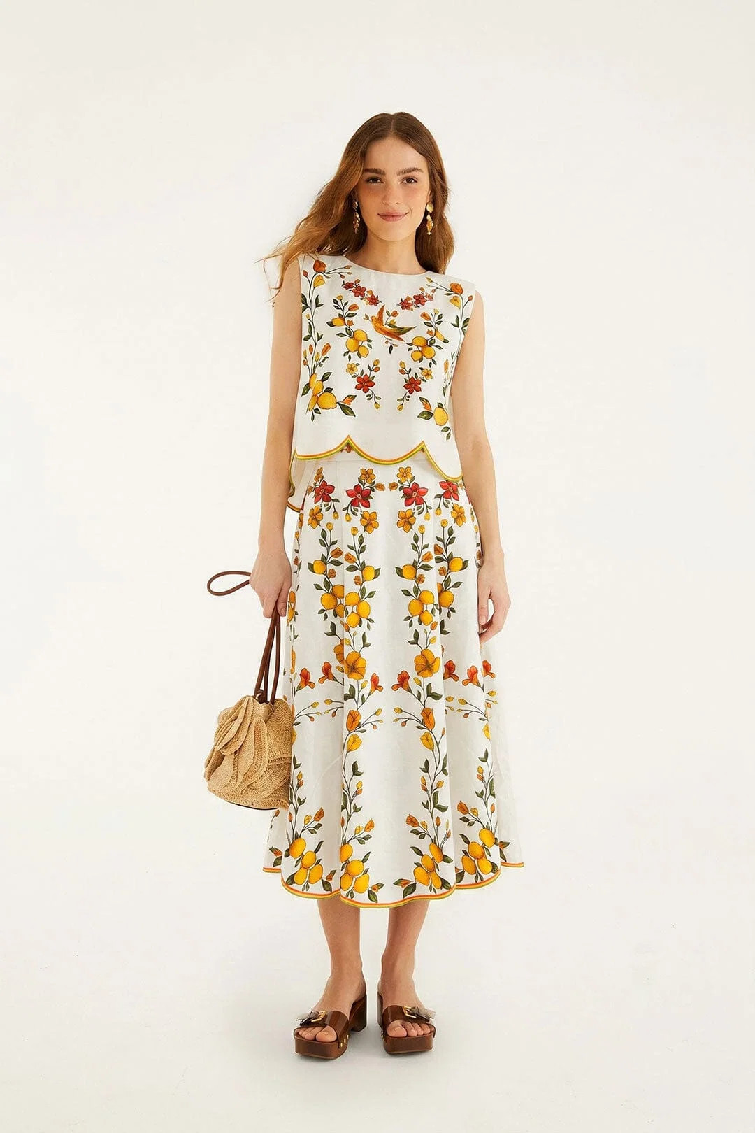 Lemon Bouquet Off-White Midi Skirt | FarmRio (US)