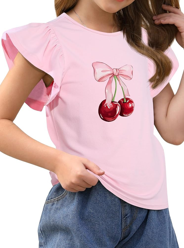 Girls' Summer Shirts Cute Tops Ruffle Sleeve Crew Neck Casual Tees | Amazon (US)