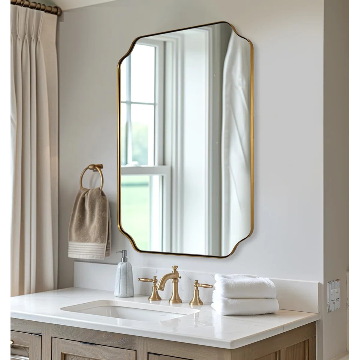 Modern Scalloped Corner Rectangle Bathroom Vanity Mirror | Stainless Steel Frame | Wayfair North America