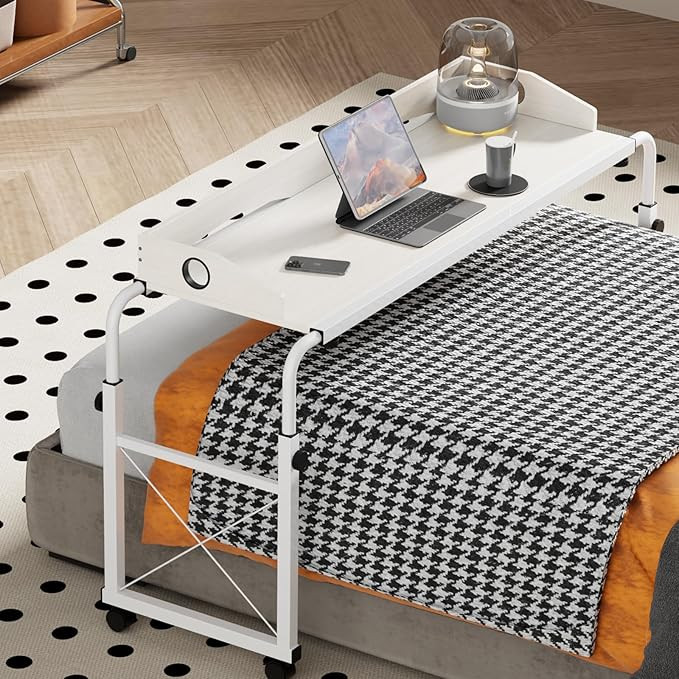 Overbed Table with Wheels, Adjustable Queen & King Bed Desk, White | Amazon (US)