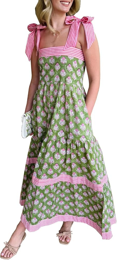 Women Y2k Boho Maxi Dress Tie Shoulder Backless Strappy Tiered Flowy Dress 2024 Summer Floral Bea... | Amazon (US)
