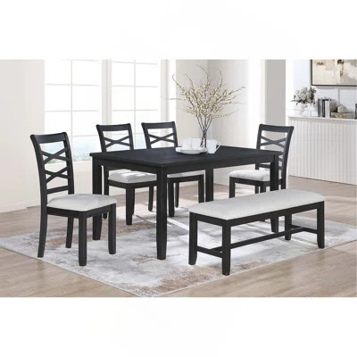 Dining Room Furniture 6Pcs Set Charcoal Dining Table 4X Side Chairs Bench Rubberwood Cross Back Design Chair Wooden Top | Wayfair North America