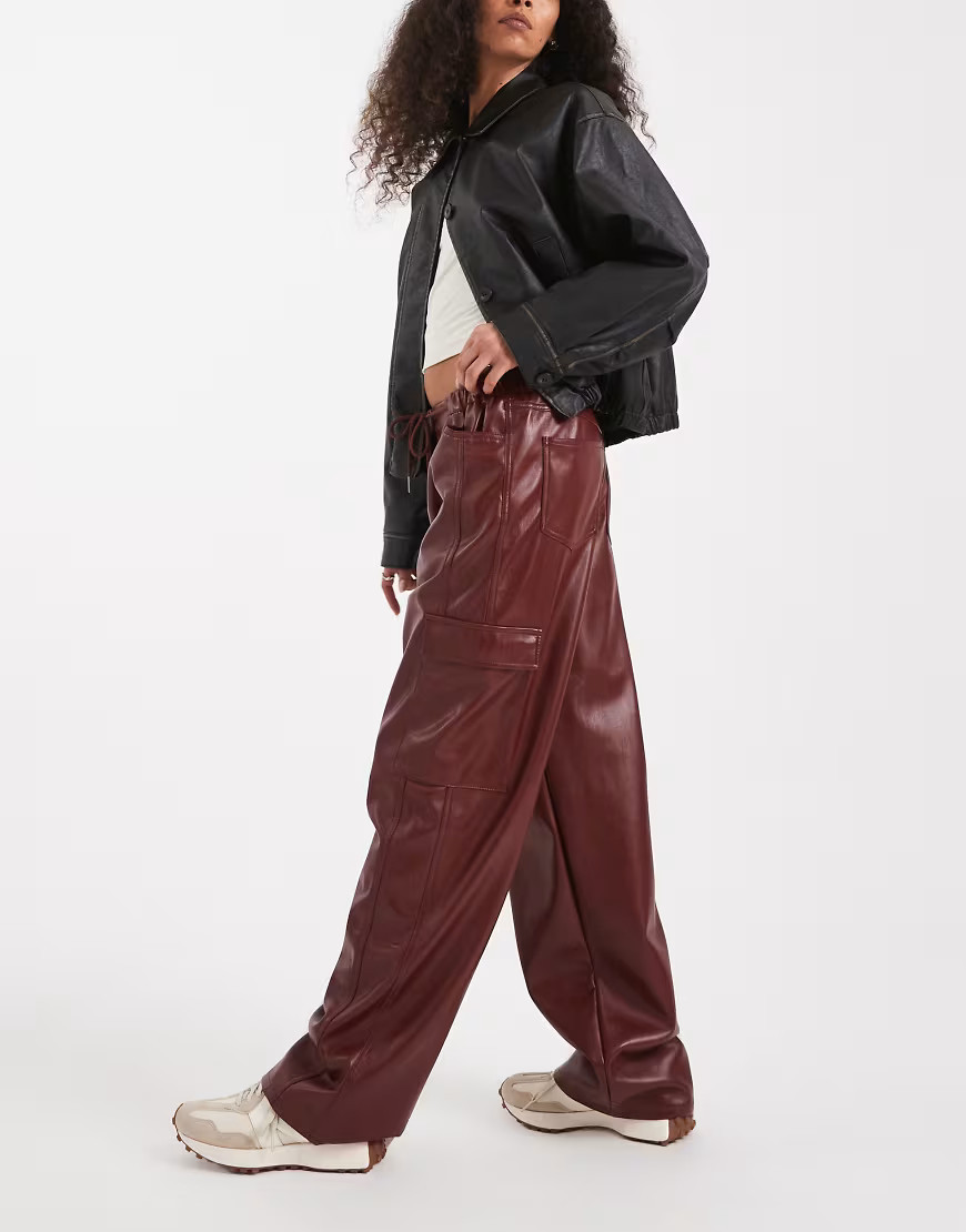 ASOS DESIGN faux leather utility pants in burgundy-Red | ASOS (Global)