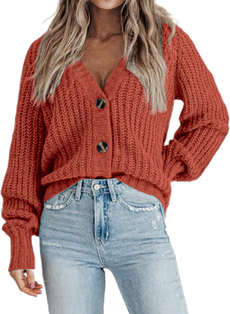 Zeagoo Women's 2023 Fall Chunky Knit Cardigans Open Front Long Sleeve V Neck Button Loose Cardigan S | Amazon (US)