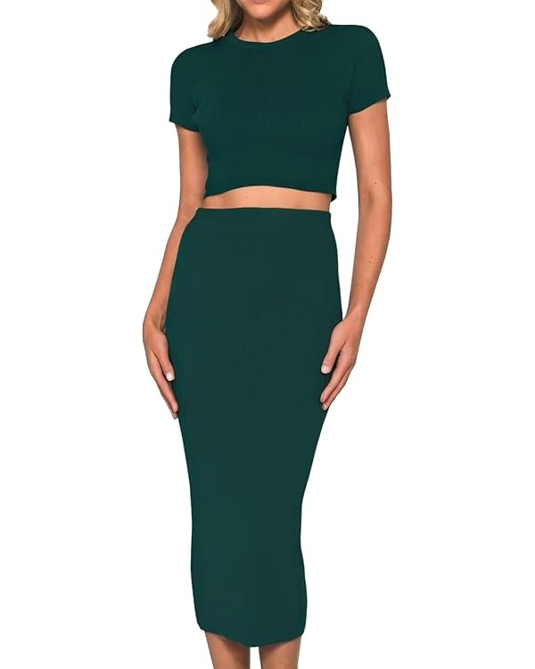 Women's 2 Piece Summer Outfits Trendy Dress Short Sleeve Crop Tops Bodycon Maxi Skirt Sets Sweate... | Amazon (US)