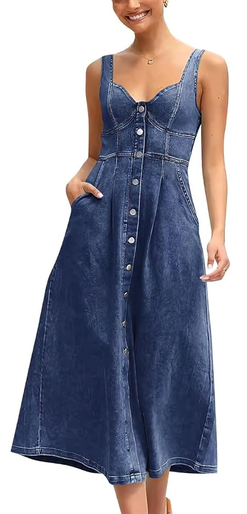 ebossy Stretchy Smocked Denim Dress for Women Sleeveless Babydoll Button Down Midi Long Jean Dres... | Amazon (US)