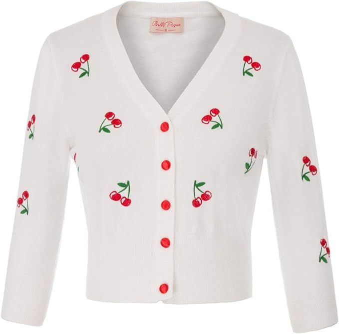Belle Poque Women's 3/4 Sleeve V-Neck Button Down Cherries Embroidery Cropped Cardigan Sweater Co... | Amazon (US)