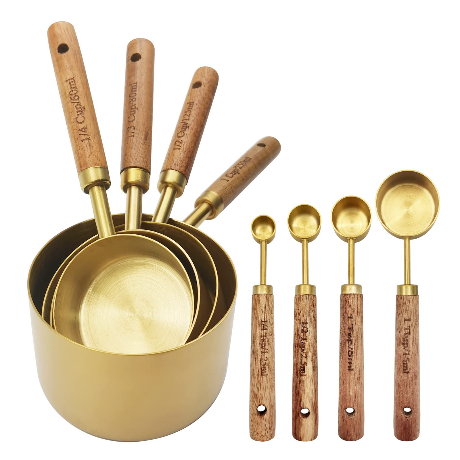 Gold Measuring Cups and Spoons Set with Fragrant Wood Handle, Measuring Cups, Metal Measuring Spo... | Amazon (US)