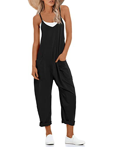 Lentta Women's Causal Jumpsuits V Neck Sleeveless Harem Overalls Stretchy Adjustable Strap Romper with Pockets(Black-L) | Amazon (US)