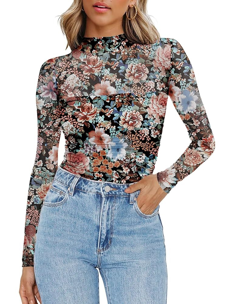 Zeagoo Womens Mesh Sheer Long Sleeve Top Mock Turtle Neck See Though Shirts Ruched Sexy Casual Go... | Amazon (US)