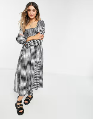 New Look shirred midi dress in black check | ASOS (Global)