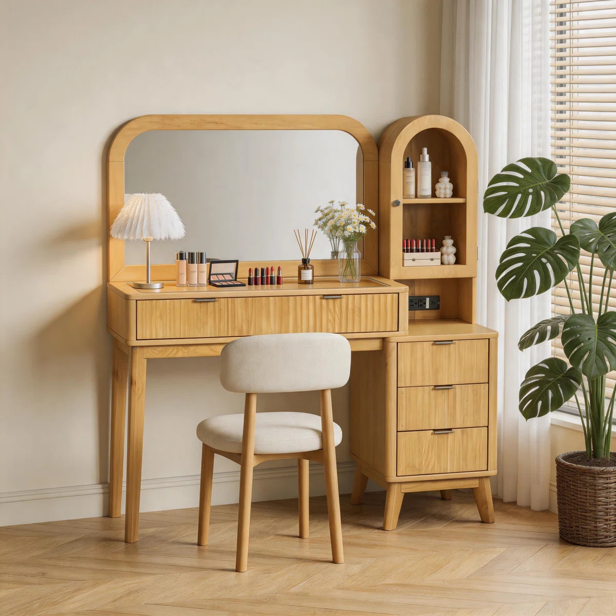 Natural Wood Vanity Desk with Arched Mirror, Power Outlet & Storage Drawers | Wayfair North America