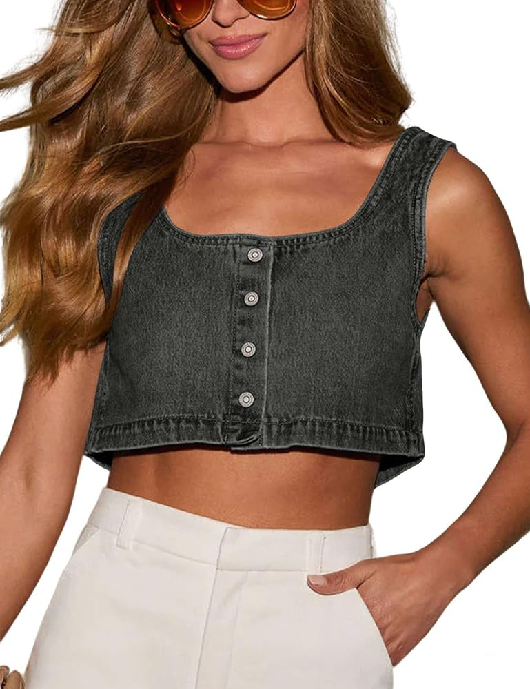 Limerose Women's Reversible Denim Tank Top Button Front Crop Sleeveless Cami | Amazon (US)