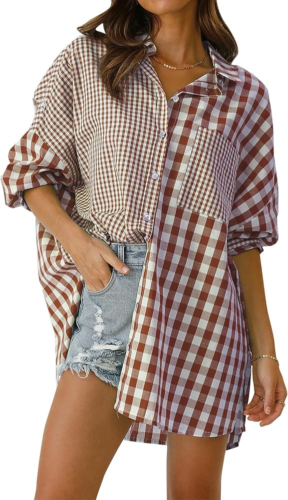ZESICA Women's Casual Plaid Patchwork Long Sleeve Button Down Oversized Shirt Blouse Top | Amazon (US)