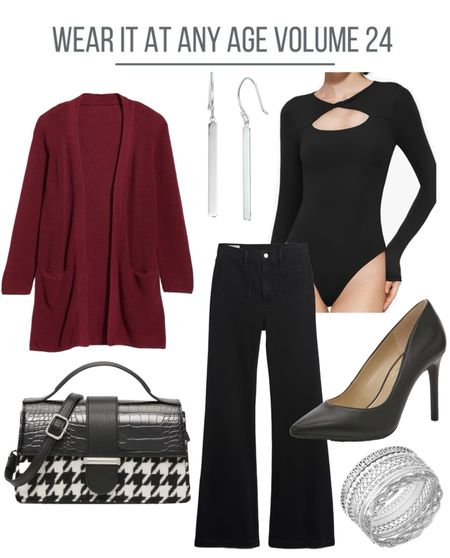 Here is Dianne’s alternate look for this black bodysuit. She pulled in on the hottest colors right now - oxblood, in the long cardigan. Adding some interest with the houndstooth bag and silver jewelry.

#LTKSeasonal #LTKstyletip #LTKfindsunder100