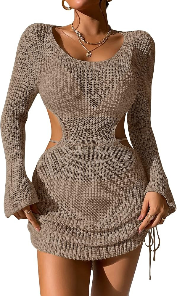 MakeMeChic Women's Knitted Swimsuit Crochet Dresses Cover Up Tie Open Back Drawstring Beach Knit ... | Amazon (US)