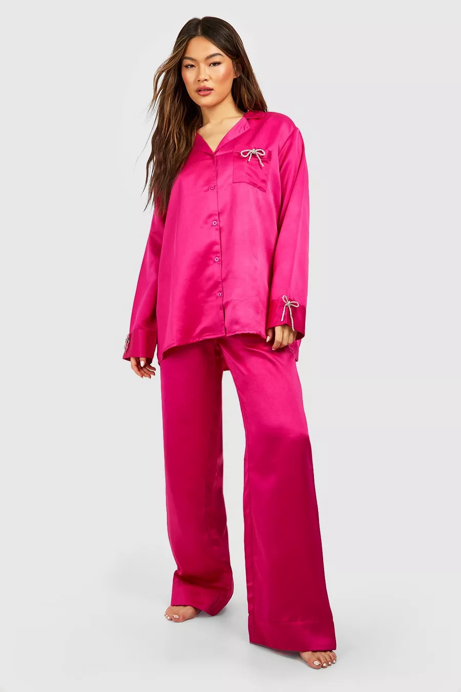 Premium Rhinestone Bow Shirt And Wide Leg Pajama Set | boohoo (US & Canada)