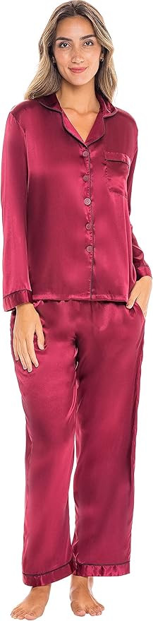 Alexander Del Rossa Women's Button Down Satin Pajama Set with Sleep Mask, Long Silk like Pjs | Amazon (US)