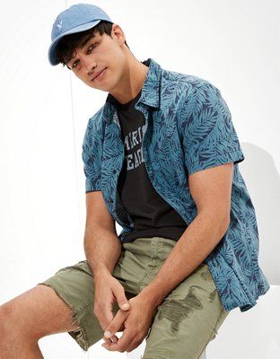 AE Tropical Short-Sleeve Button-Up Shirt | American Eagle Outfitters (US & CA)
