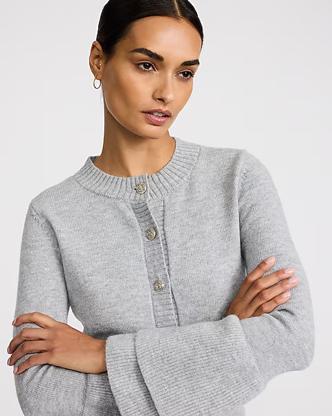 Novelty Button Crew Neck Flare Sleeve Cardigan | Express